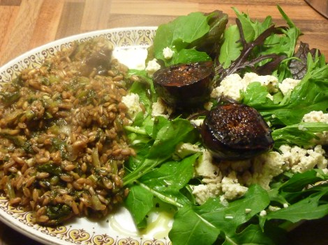 Chestnut Mushroom and Sage Farrotto with Balsamic Figs and Tofu Feta