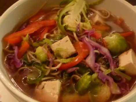 Hazelnut Tofu and Soba Noodle Broth with Red Pepper and Brussel Sprouts