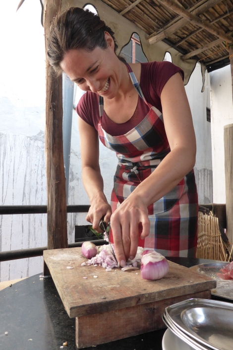 Jane getting to grips with an onion - Udaipur, 2/14
