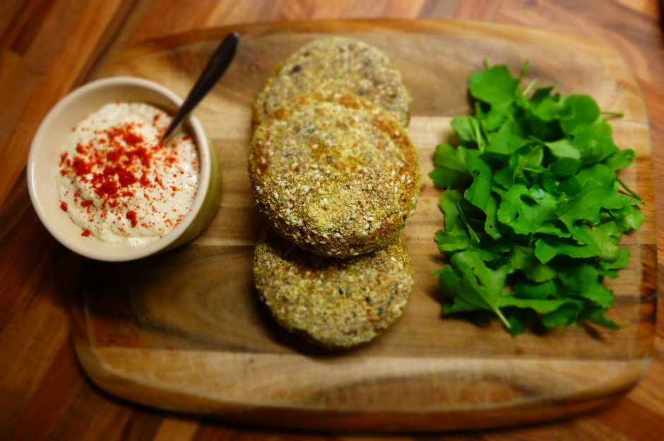 Juicer Pulp Burgers with Seitan, Miso and a Polenta and Sesame Crumb