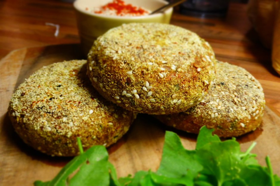 Juicer Pulp Burgers with Seitan, Miso and a Polenta and Sesame Crumb