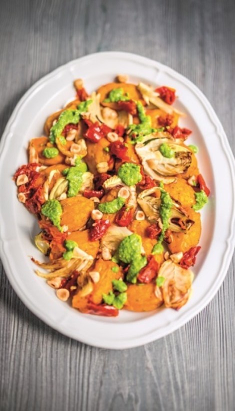 Oven Baked Squash Gnocchi with Sun-dried Tomato, Fennel and Spinach Pesto