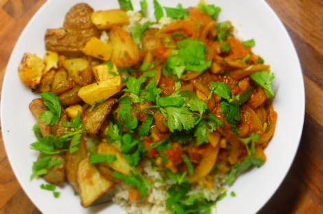Posh chips and curry sauce - a Beach House classic made with local organic roasted potatoes and a spicy masala sauce (recipe from Peace & Parsnips) Yumah!